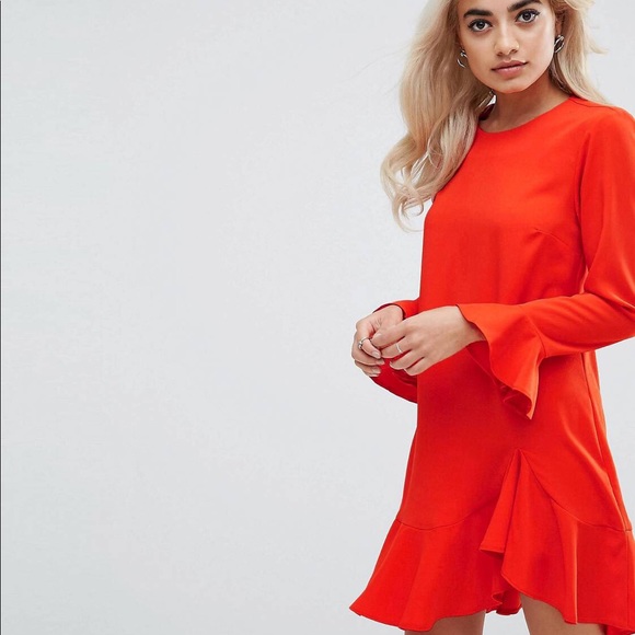 ASOS Fluted Sleeve Ruffle Hem Mini Dress - Picture 2 of 8